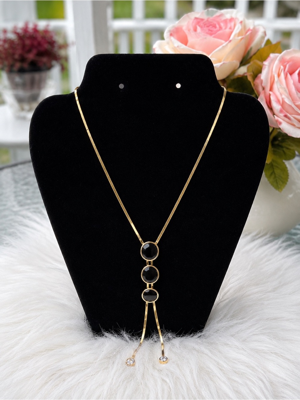 Gold Necklace with Black Stone Pendant - Women's Jewelry